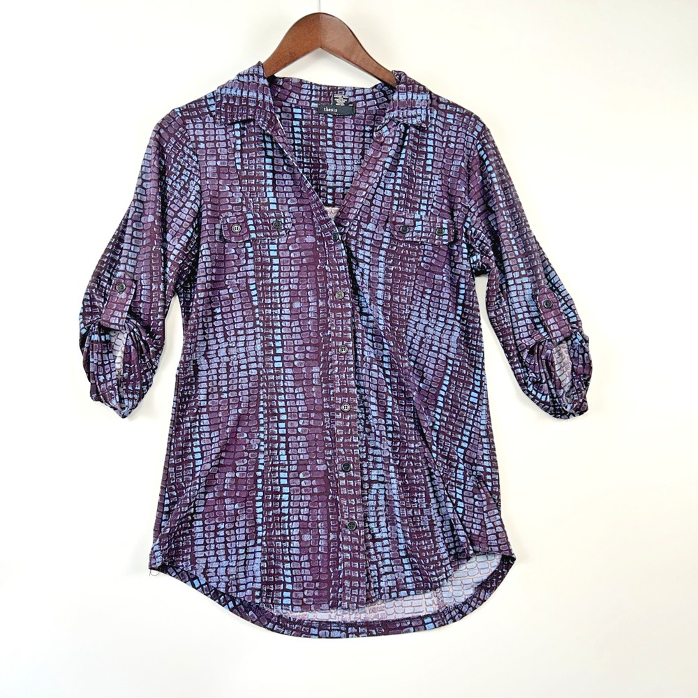 Thesis Womens Button Top Size M Neon Chrome Purple Snakeskin Office Career Shirt